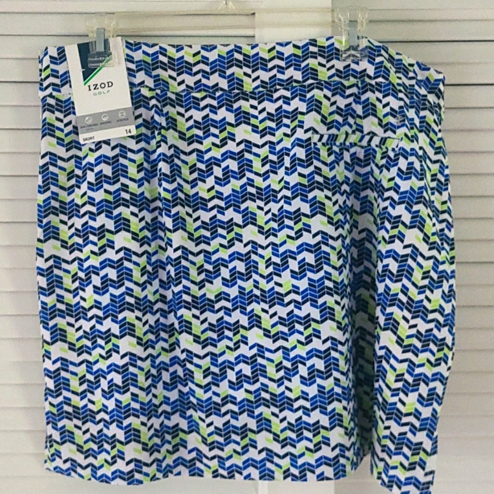 NWT IZOD Golf Skort. Size 14. Pockets  Blues/White/Lime Side Zip. UPF-15 - Picture 2 of 10